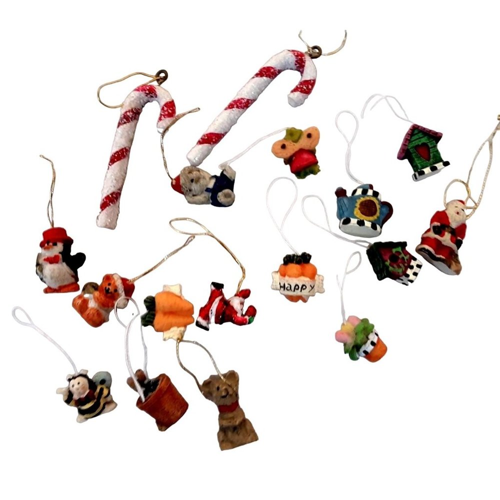 Lot of 17 Miniature Christmas Holiday Ornaments 1/2" to 2" Variety Tiny 90's Vtg